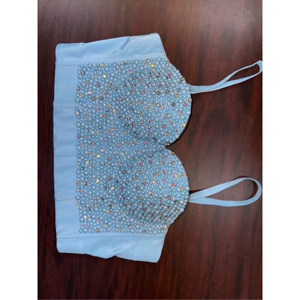 NWT The Sang Light Blue Bustier Pearl and Rhinestone Top Size Large